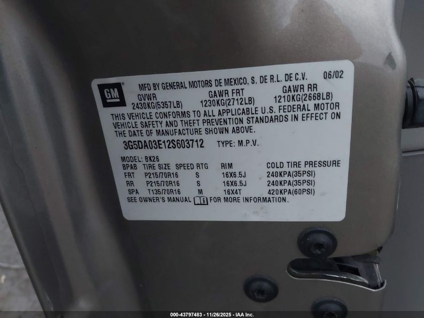 2002 Buick Rendezvous Cx VIN: 3G5DA03E12S603712 Lot: 43797483