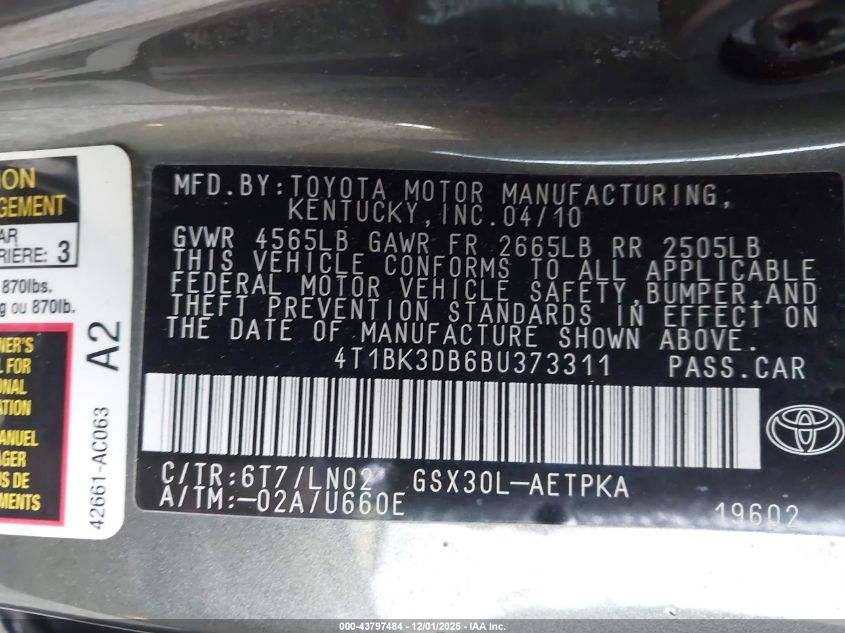 2011 Toyota Avalon Limited VIN: 4T1BK3DB6BU373311 Lot: 43797484