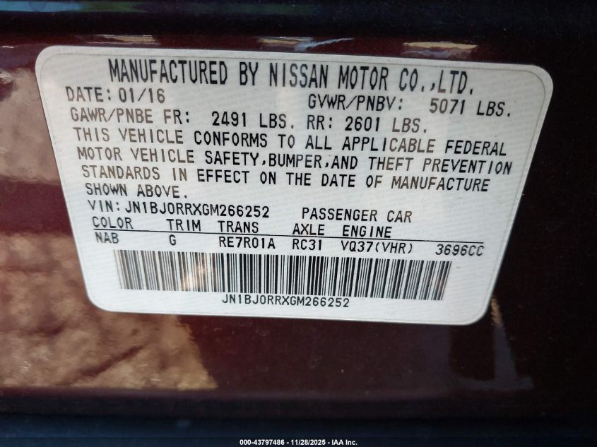 2016 Infiniti Qx50 VIN: JN1BJ0RRXGM266252 Lot: 43797486