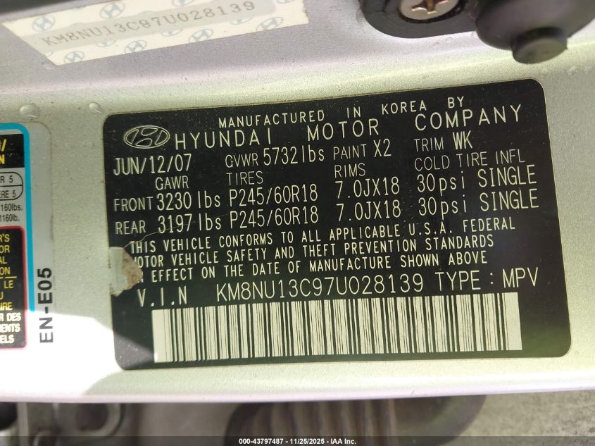 2007 Hyundai Veracruz Gls/Limited/Se VIN: KM8NU13C97U028139 Lot: 43797487