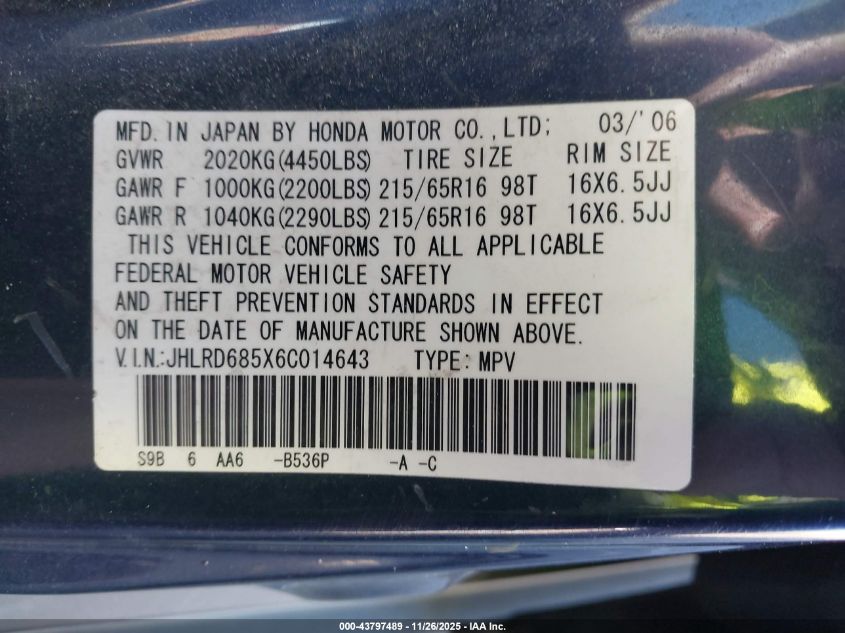 2006 Honda Cr-V Lx VIN: JHLRD685X6C014643 Lot: 43797489
