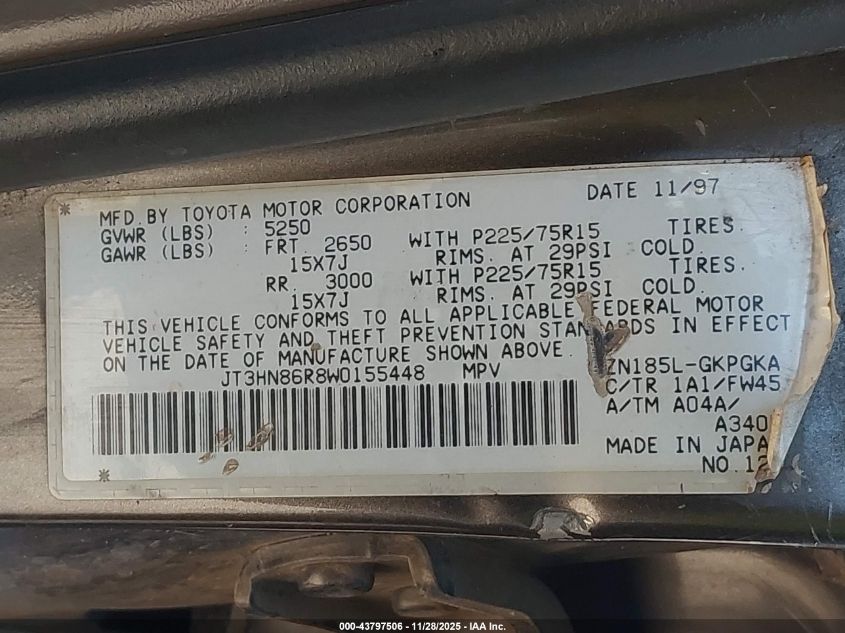 1998 Toyota 4Runner Sr5 V6 VIN: JT3HN86R8W0155448 Lot: 43797506