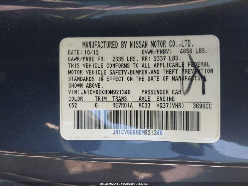 2013 Infiniti G37 Journey VIN: JN1CV6EK8DM921346 Lot: 43797514