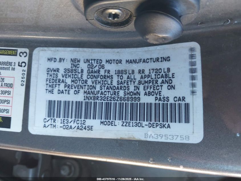 2006 Toyota Corolla S VIN: 1NXBR32E26Z668999 Lot: 43797516