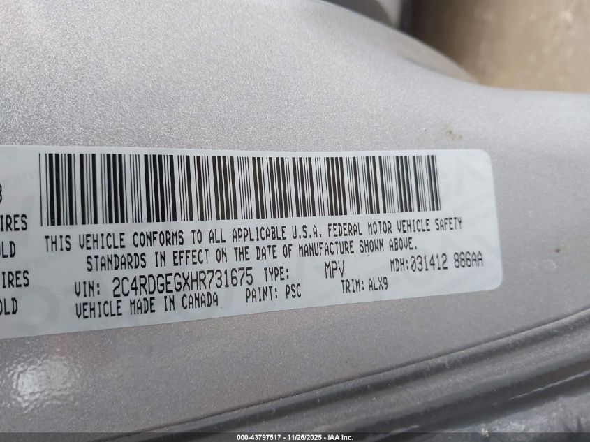 2017 Dodge Grand Caravan Gt VIN: 2C4RDGEGXHR731675 Lot: 43797517