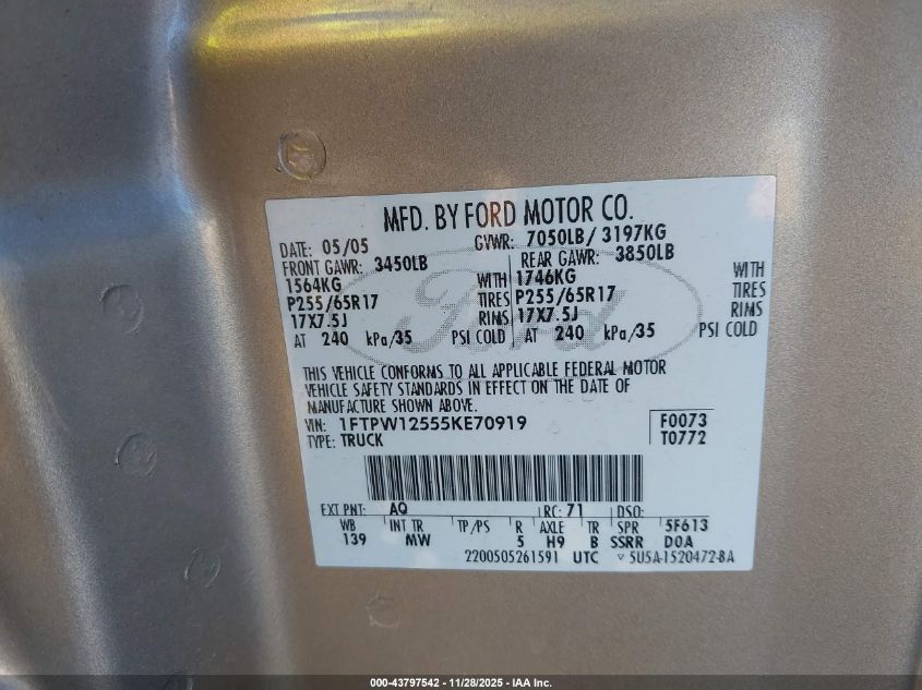 2005 Ford F-150 Lariat/Xlt VIN: 1FTPW12555KE70919 Lot: 43797542