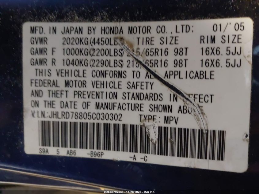 2005 Honda Cr-V Ex VIN: JHLRD78805C030302 Lot: 43797548