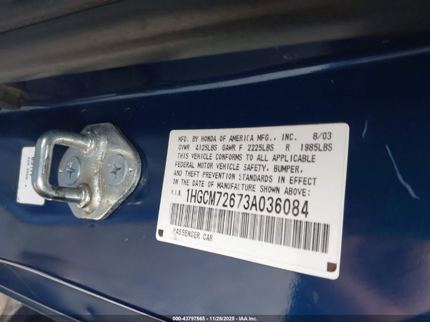 2003 Honda Accord 2.4 Ex VIN: 1HGCM72673A036084 Lot: 43797565