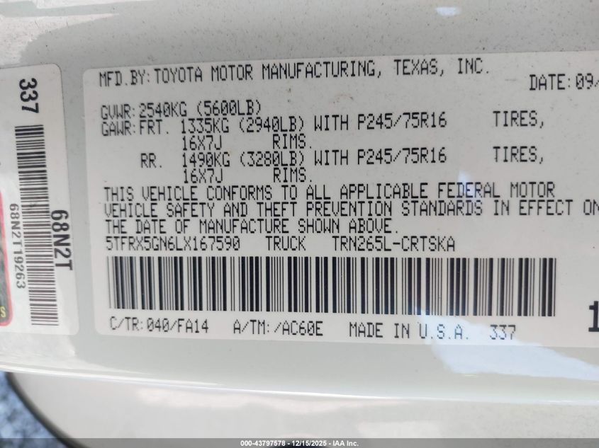 2020 Toyota Tacoma Sr VIN: 5TFRX5GN6LX167590 Lot: 43797578