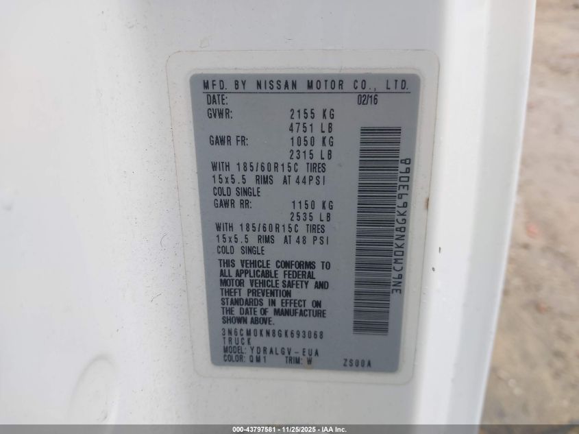 2016 Nissan Nv200 Sv VIN: 3N6CM0KN8GK693068 Lot: 43797581