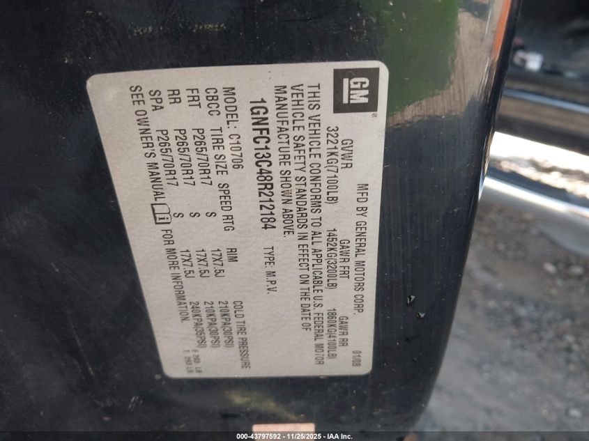 2008 Chevrolet Tahoe Ls VIN: 1GNFC13C48R212184 Lot: 43797592