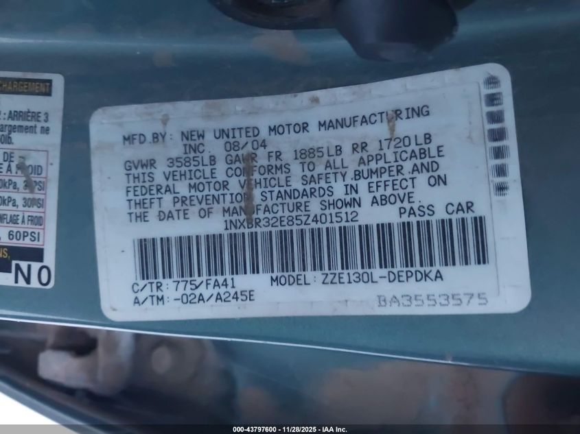 2005 Toyota Corolla Ce VIN: 1NXBR32E85Z401512 Lot: 43797600