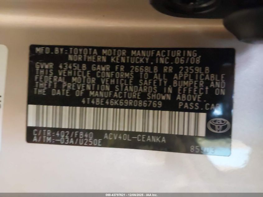 2009 Toyota Camry Le VIN: 4T4BE46K69R086769 Lot: 43797621