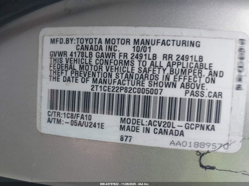 2002 Toyota Camry Solara Se VIN: 2T1CE22P82C005007 Lot: 43797622