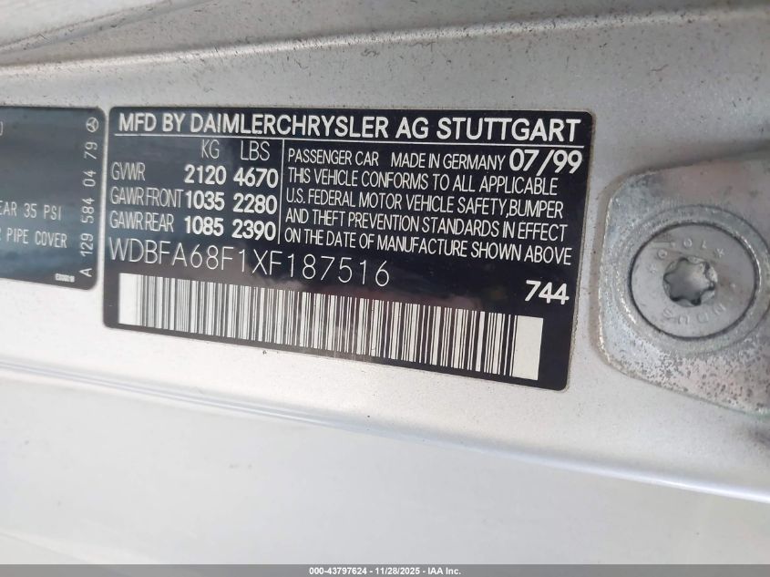 1999 Mercedes-Benz Sl 500 VIN: WDBFA68F1XF187516 Lot: 43797624