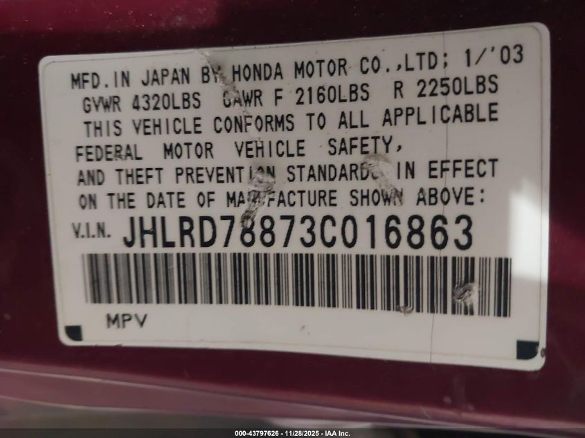 2003 Honda Cr-V Ex VIN: JHLRD78873C016863 Lot: 43797626