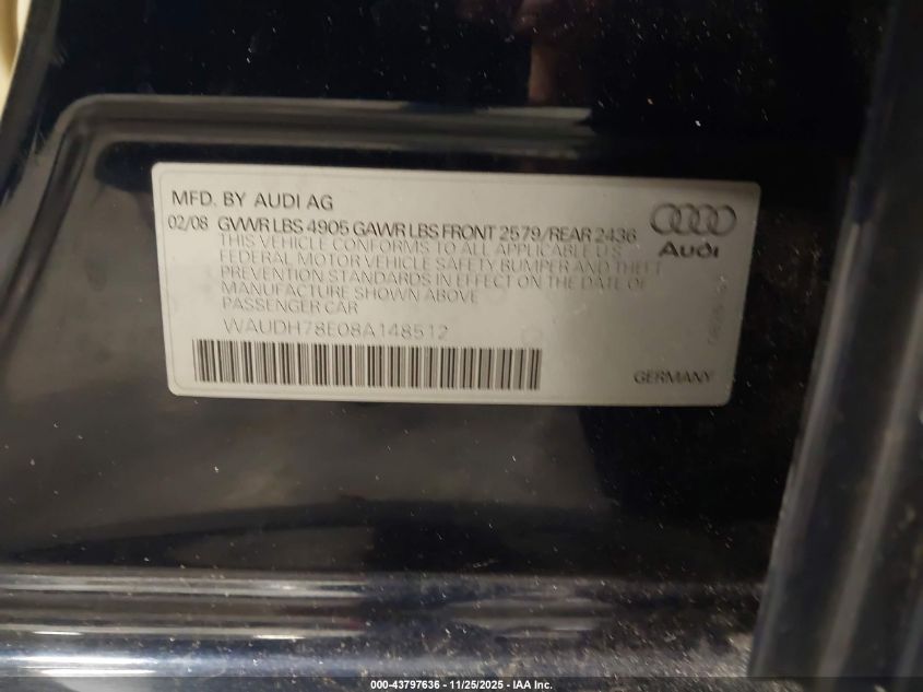 2008 Audi A4 3.2 VIN: WAUDH78E08A148512 Lot: 43797636