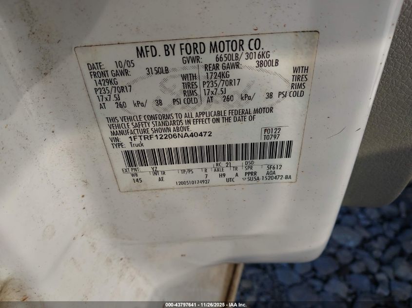 2006 Ford F-150 Stx/Xl/Xlt VIN: 1FTRF12206NA40472 Lot: 43797641