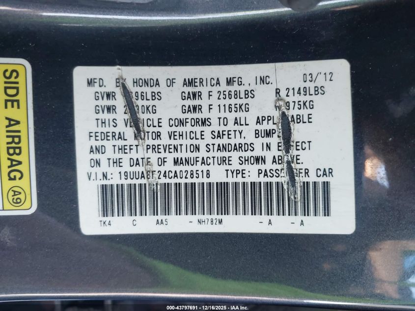 2012 Acura Tl 3.5 VIN: 19UUA8F24CA028518 Lot: 43797691