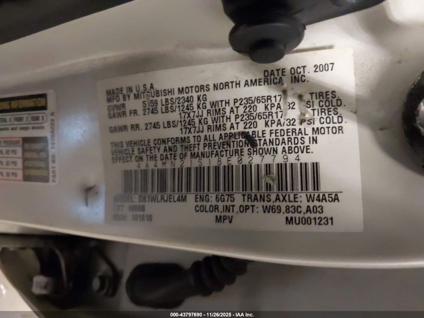 2008 Mitsubishi Endeavor Ls VIN: 4A4MN21S18E0277 Lot: 43797690