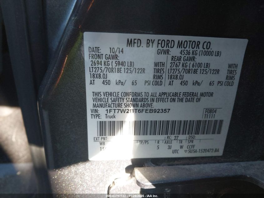 2015 Ford F-250 Xlt VIN: 1FT7W2BT6FEB92357 Lot: 43797722