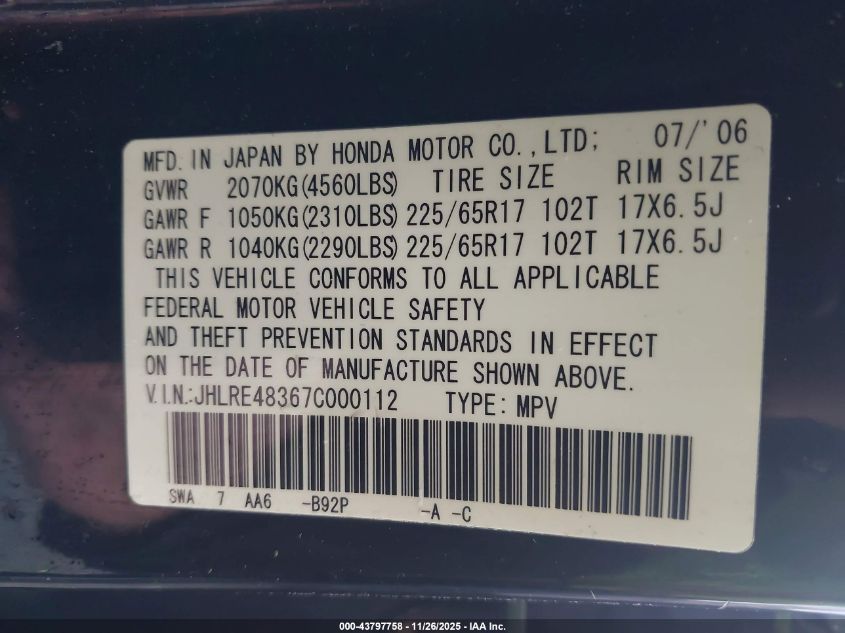 2007 Honda Cr-V Lx VIN: JHLRE48367C000112 Lot: 43797758