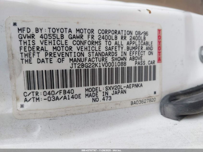 1997 Toyota Camry Le VIN: JT2BG22K1V0001088 Lot: 43797767