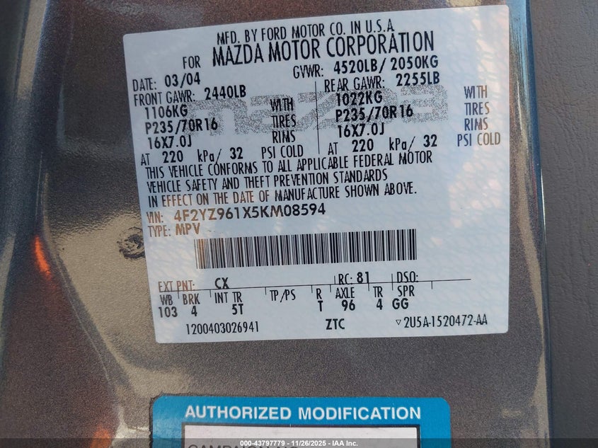 2005 Mazda Tribute S VIN: 4F2YZ961X5KM08594 Lot: 43797779