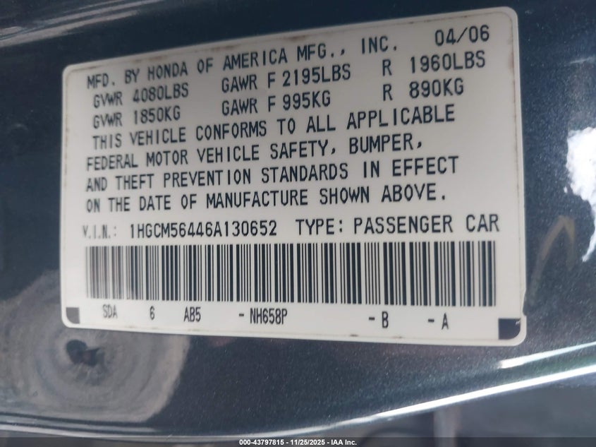 2006 Honda Accord 2.4 Lx VIN: 1HGCM56446A130652 Lot: 43797815