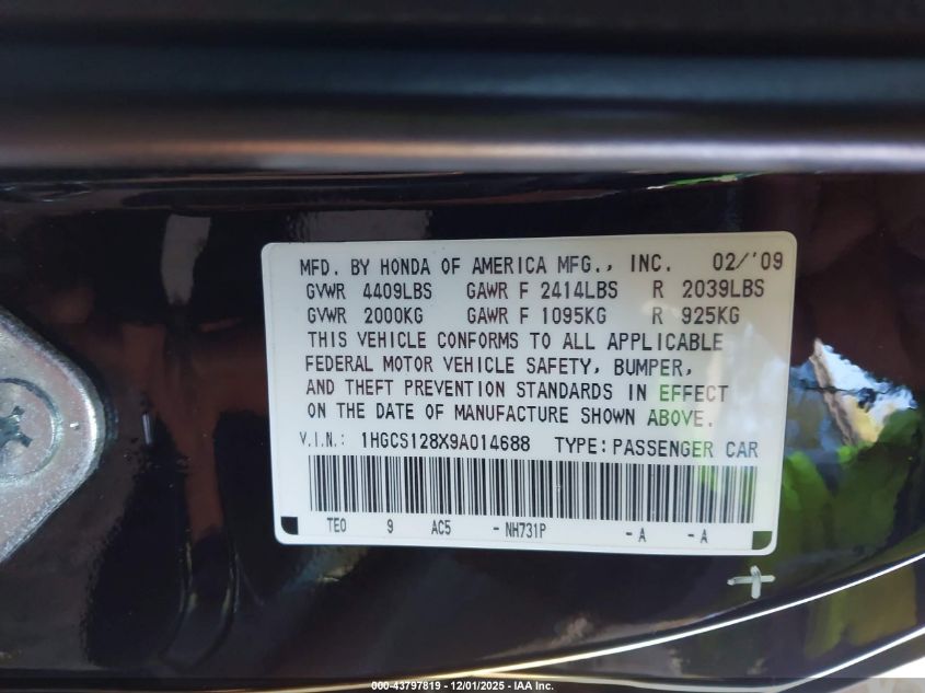 2009 Honda Accord 2.4 Ex-L VIN: 1HGCS128X9A014688 Lot: 43797819