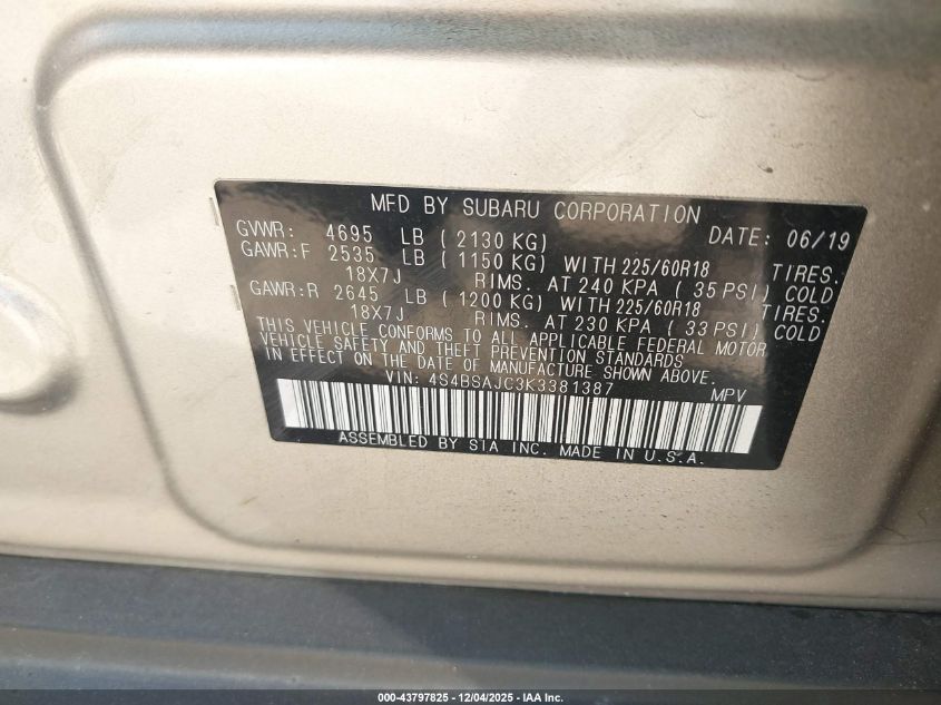 2019 Subaru Outback 2.5I Limited VIN: 4S4BSAJC3K3381387 Lot: 43797825