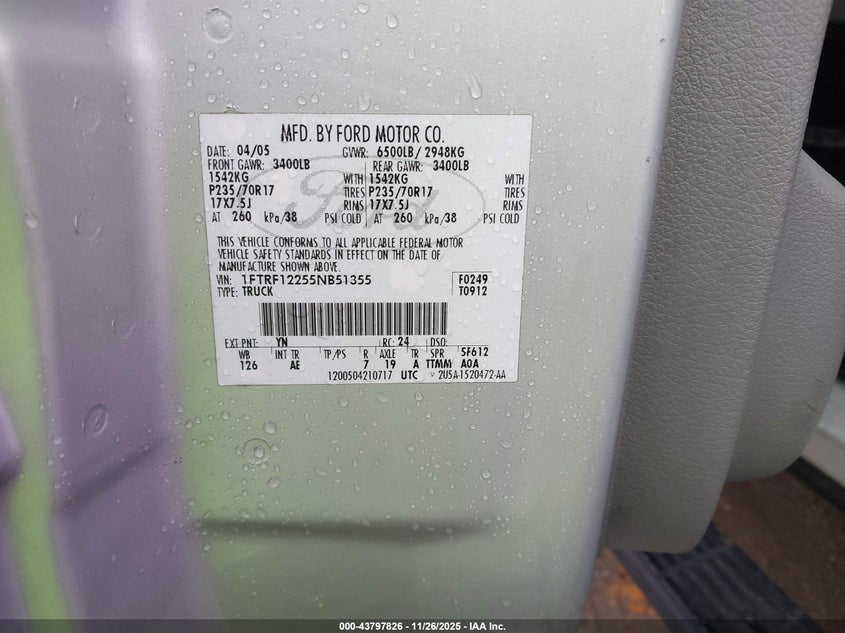 2005 Ford F-150 Stx/Xl/Xlt VIN: 1FTRF12255NB51355 Lot: 43797826