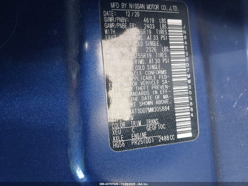 2021 Nissan Rogue Platinum Intelligent Awd VIN: JN8AT3DD7MW305884 Lot: 43797828