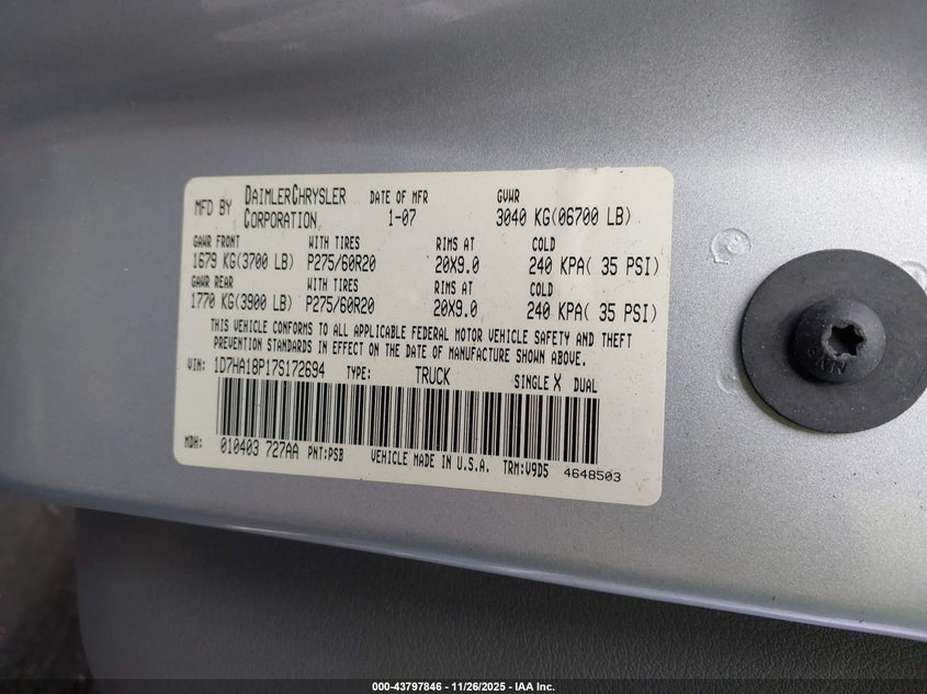 2007 Dodge Ram 1500 Slt VIN: 1D7HA18P17S172694 Lot: 43797846