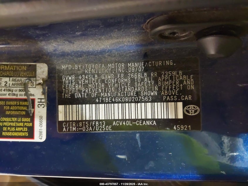 2008 Toyota Camry VIN: 4T1BE46K08U207563 Lot: 43797857