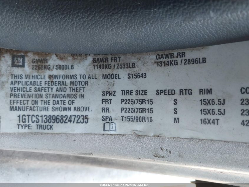 2006 GMC Canyon Sle1 VIN: 1GTCS138968247235 Lot: 43797863