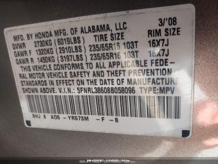 2008 Honda Odyssey Ex-L VIN: 5FNRL38608B058096 Lot: 43797865