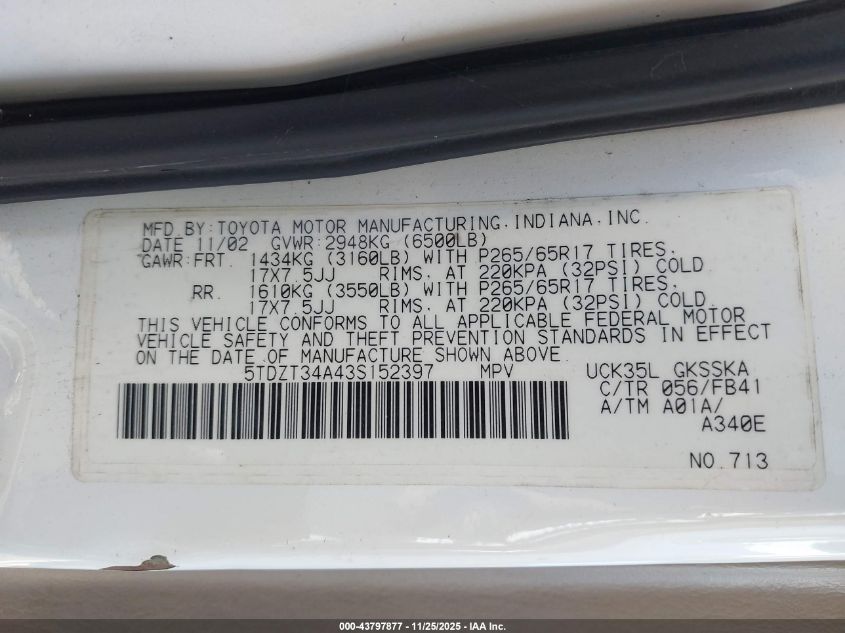 2003 Toyota Sequoia Sr5 V8 VIN: 5TDZT34A43S152397 Lot: 43797877