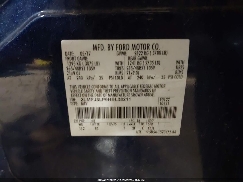 2017 Lincoln Mkx Reserve VIN: 2LMPJ8LP6HBL38211 Lot: 43797892
