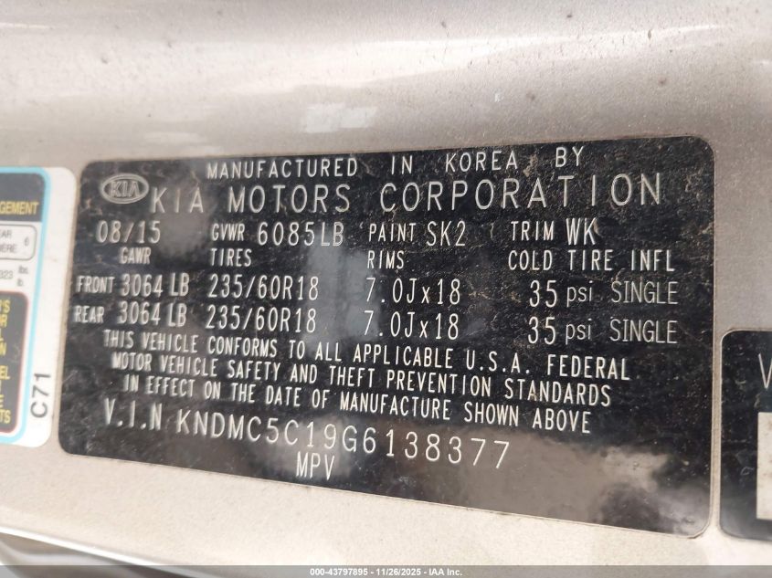 2016 Kia Sedona Ex VIN: KNDMC5C19G6138377 Lot: 43797895