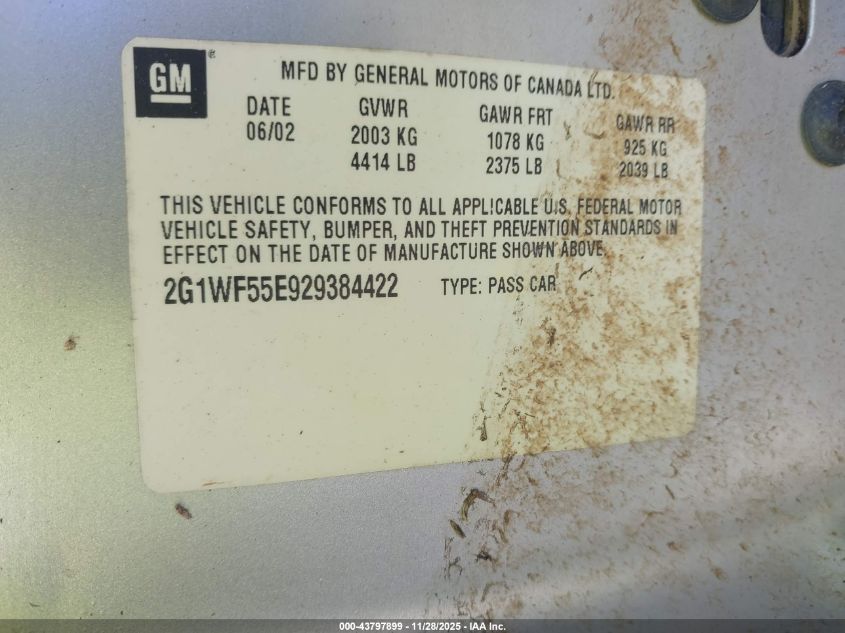 2002 Chevrolet Impala VIN: 2G1WF55E929384422 Lot: 43797899