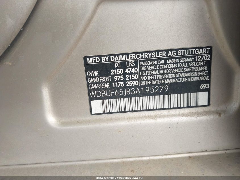 2003 Mercedes-Benz E 320 VIN: WDBUF65J83A195279 Lot: 43797900