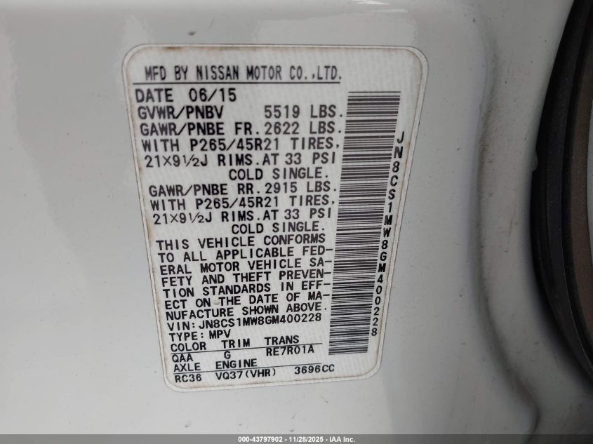 2016 Infiniti Qx70 VIN: JN8CS1MW8GM400228 Lot: 43797902