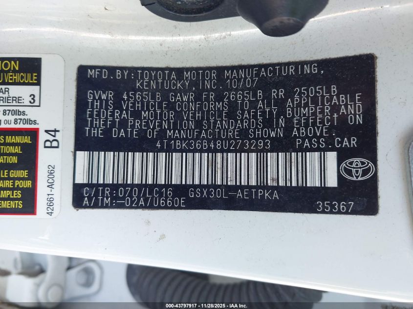 2008 Toyota Avalon Limited VIN: 4T1BK36B48U273293 Lot: 43797917