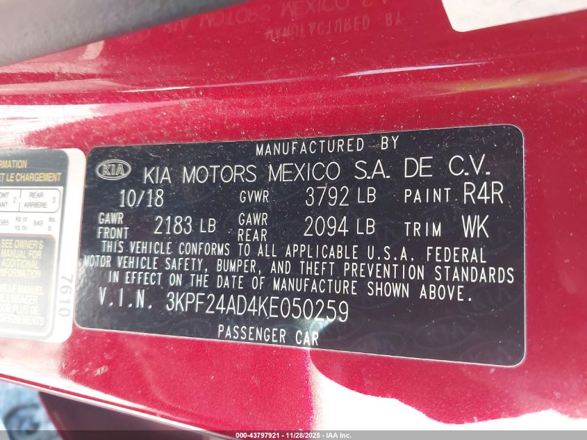 2019 Kia Forte Lxs VIN: 3KPF24AD4KE050259 Lot: 43797921