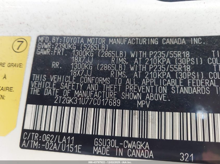 2007 Lexus Rx 350 VIN: 2T2GK31U77C017689 Lot: 43797922