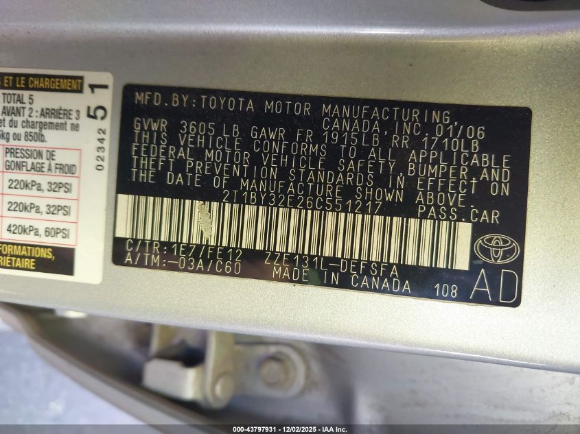 2006 Toyota Corolla Xrs VIN: 2T1BY32E26C551217 Lot: 43797931