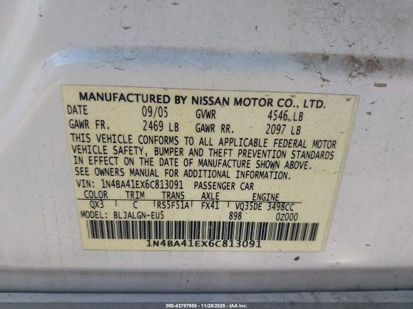 2006 Nissan Maxima 3.5 Sl VIN: 1N4BA41EX6C813091 Lot: 43797958