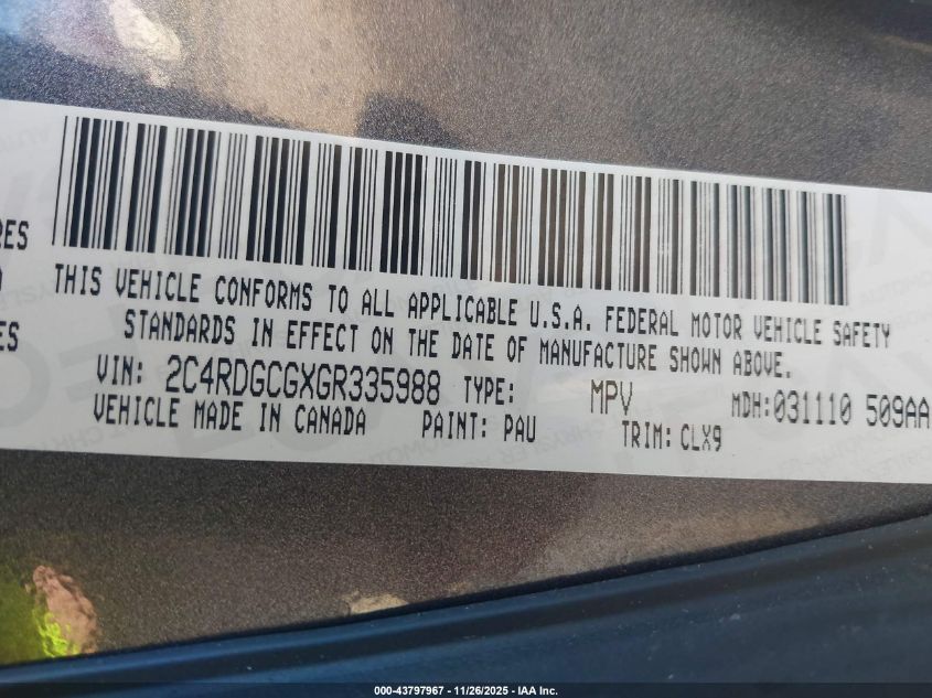 2016 Dodge Grand Caravan Sxt VIN: 2C4RDGCGXGR335988 Lot: 43797967