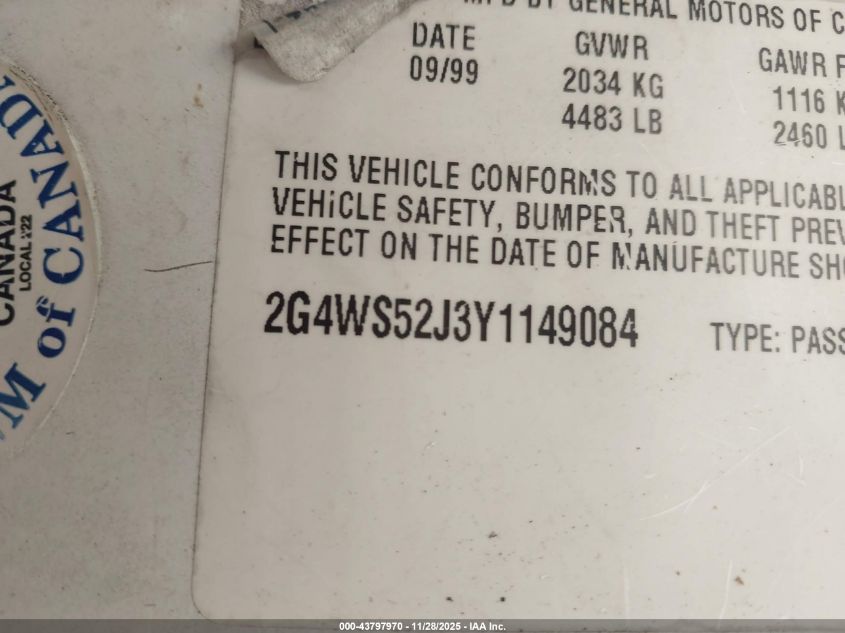 2000 Buick Century Custom VIN: 2G4WS52J3Y1149084 Lot: 43797970